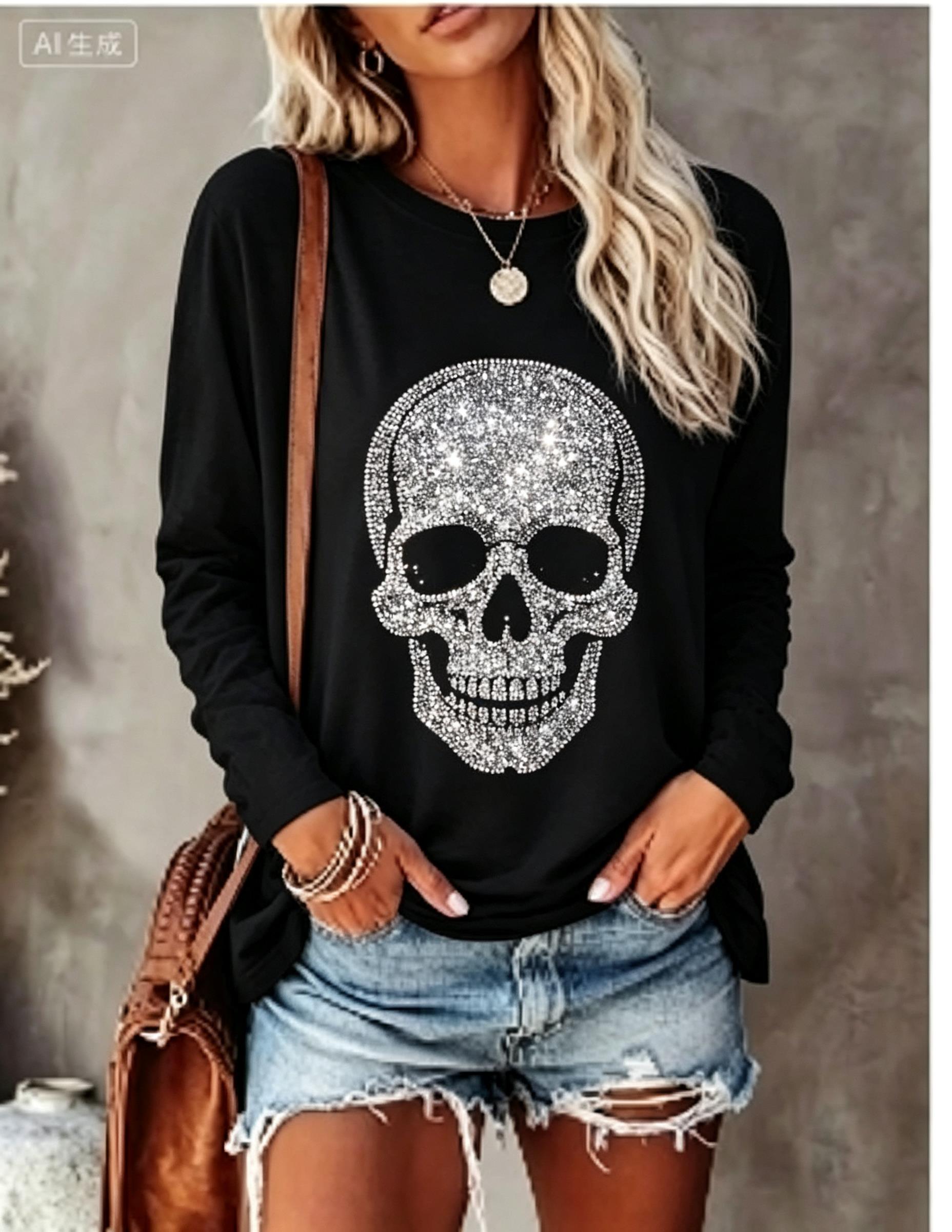 Winter Clothing For Women - Women Long Sleeve T‑Shirt Simulated Rhinestone